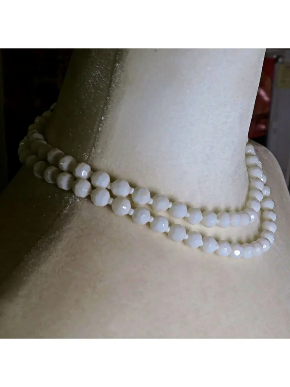 Vintage West Germany White Bead Necklace, Double Strand, 15", Faceted Detail - Picture 2 of 6